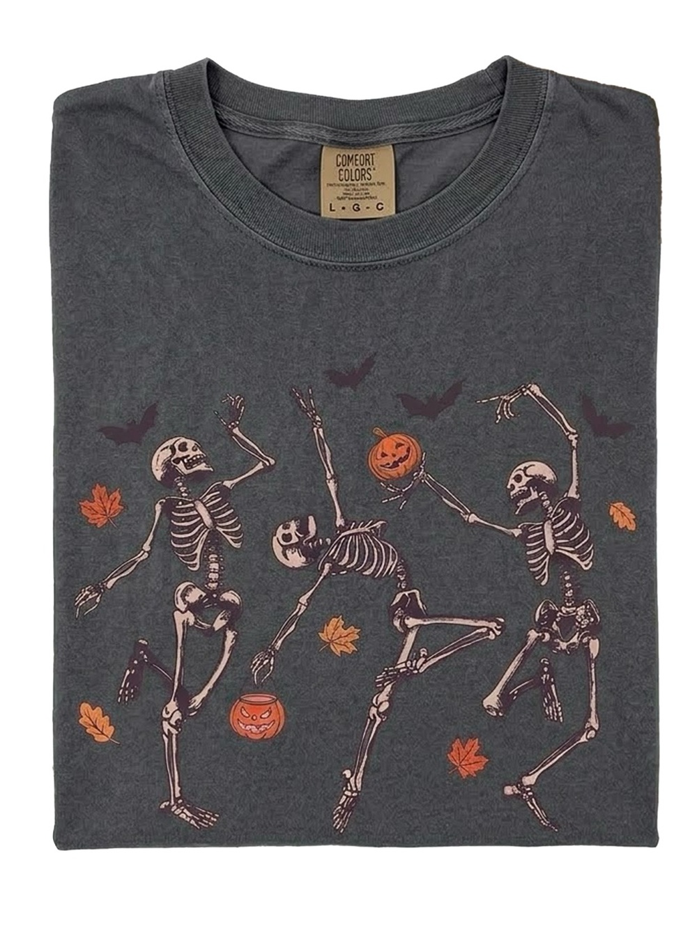 Dancing Skeletons Pumpkin Bats Comfort Colors Pepper Fall Tee